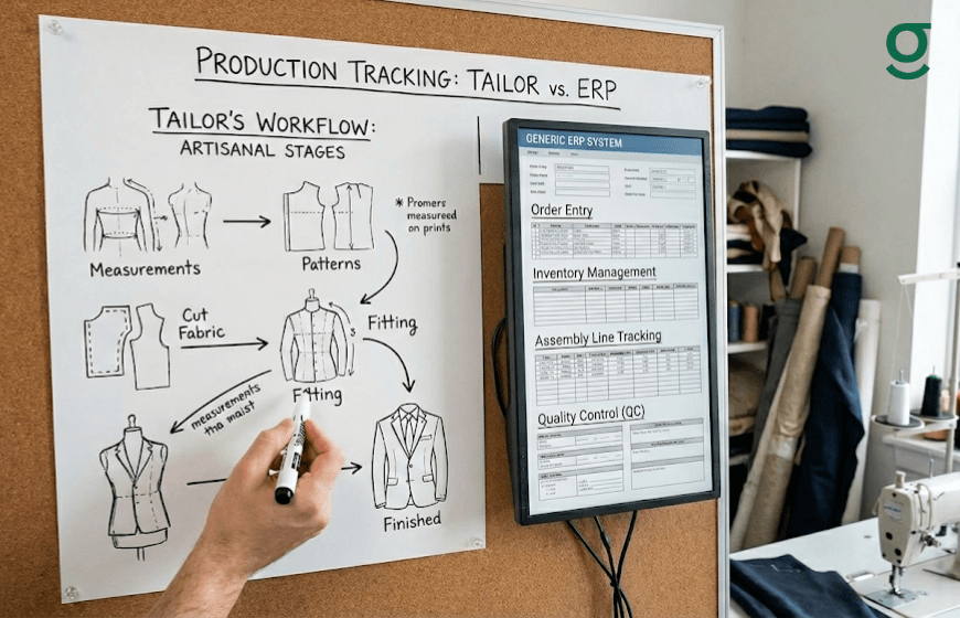 Tailor software dashboard showing production tracking and boutique workflow management