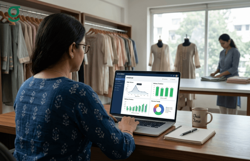 Tailoring software dashboard used in a boutique to track orders, analytics, and garment production efficiently.