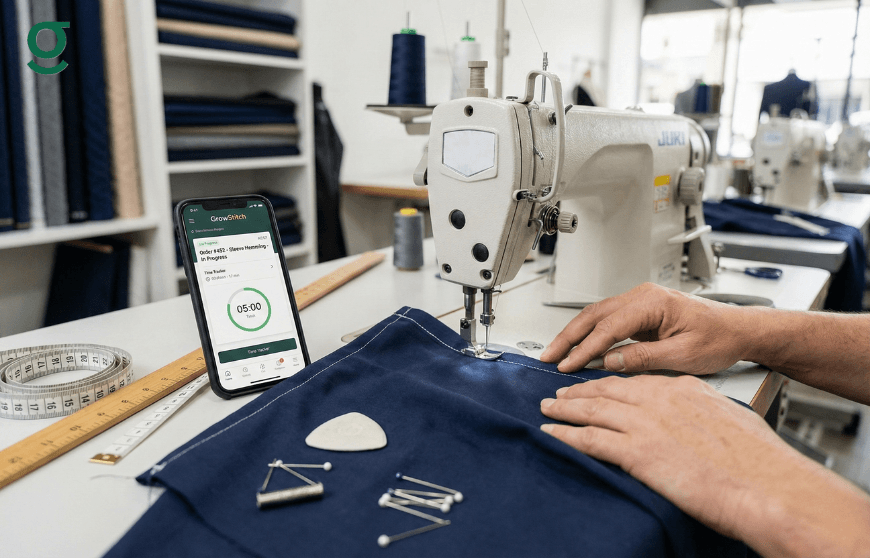 Tailor stitching fabric while tracking order progress on a tailor app beside the sewing machine.