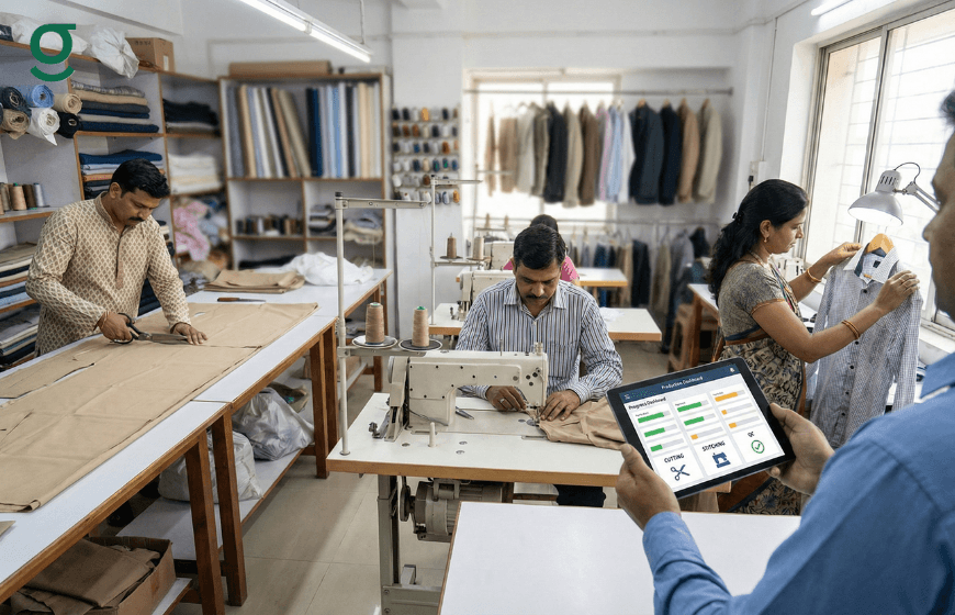 Tailor App monitoring stitching workflow and production progress in a boutique.