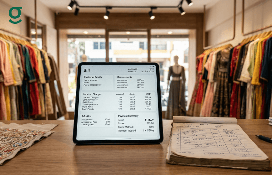 Digital boutique bill book displayed on a tablet alongside a traditional handwritten billing ledger in a clothing store.