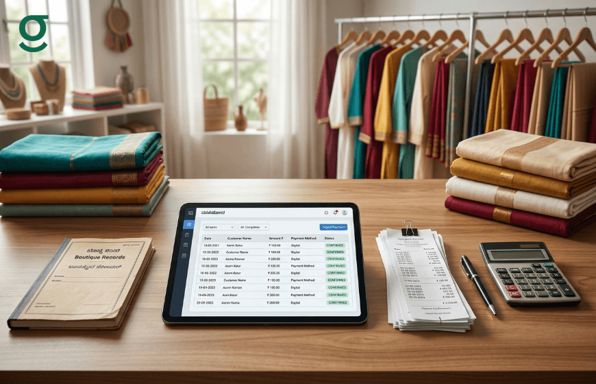 Boutique bill book system on a tablet with receipts, ledger, and calculator on a clothing store counter.