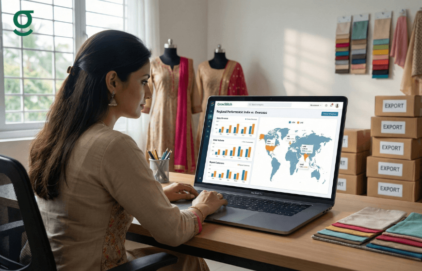 **Boutique Management Software dashboard on a laptop analyzing sales and performance data in a boutique.