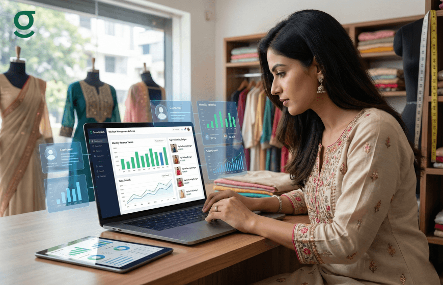 Boutique Management Software on a laptop tracking sales, customers, and performance analytics in a boutique.