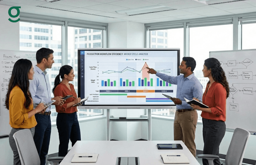 Professionals analyzing data on a Tailoring App dashboard