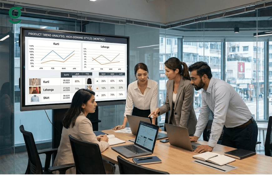 Tailoring App dashboard being discussed by a team in a modern office