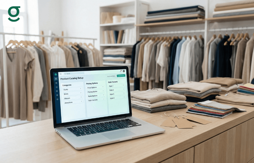 Tailor App product catalog setup displayed on laptop in boutique