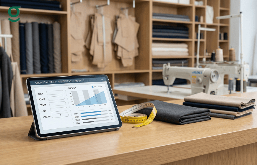 Tailor App displaying measurement analysis on tablet in tailoring studio