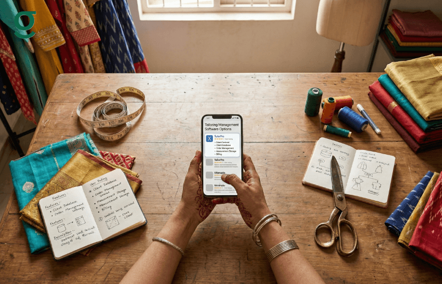 Tailor app used on smartphone to manage orders at a tailoring workspace.