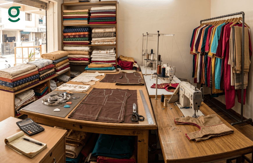 Workspace organized with boutique management system software supporting fabric cutting, stitching, and order preparation in a tailoring shop.