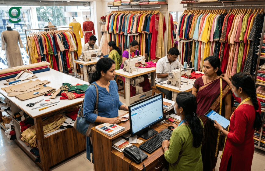 Team using boutique management system software at a clothing store counter while tailors work on garments in the background.