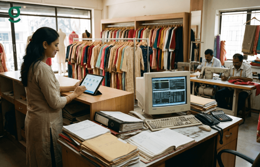 Woman using boutique management system software on a tablet at a clothing store counter with tailors working behind her.