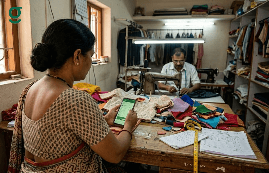 Woman using digital tailor management software in a tailoring shop while a tailor works on garments in the background.
