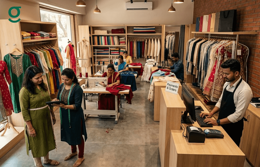 Digital tailor management software helping staff manage customer orders, payments, and tailoring operations in a clothing store.