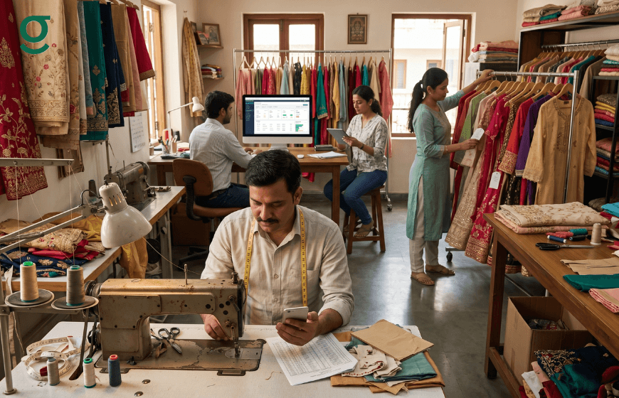 Tailoring management software streamlining garment tracking, inventory, and tailoring operations in a busy workshop.