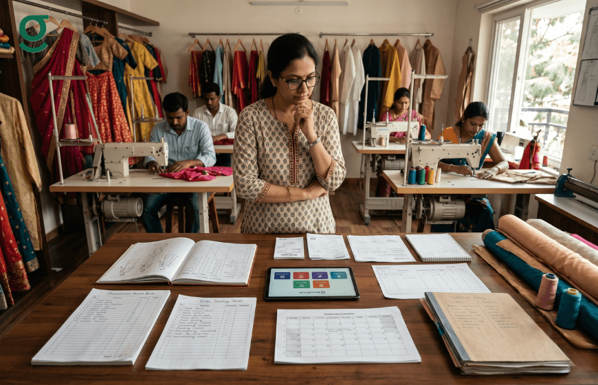 Tailoring management software organizing orders, production, and staff workflow in a modern tailoring shop.