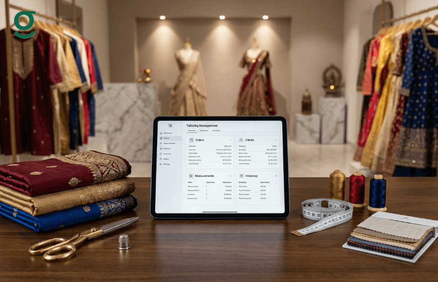 Tailoring software displayed on a tablet for managing garments and measurements in a boutique workspace.
