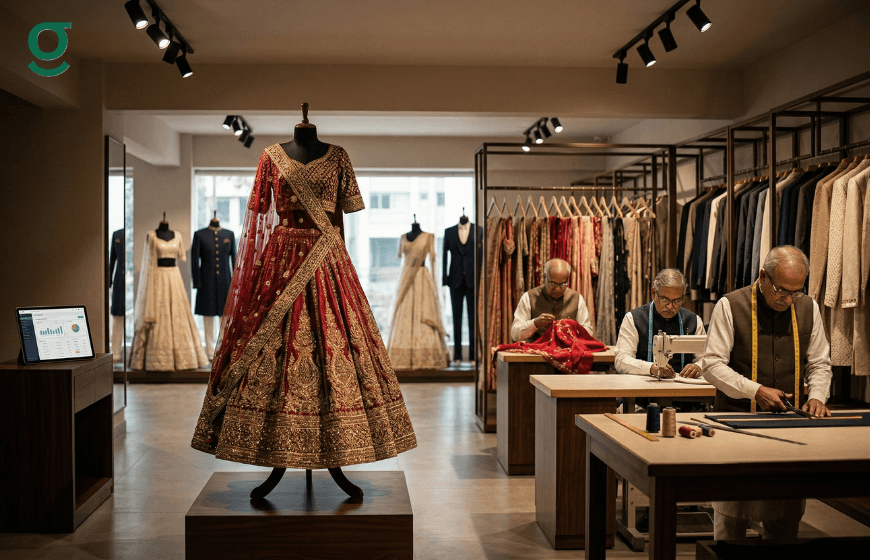 Tailors using tailoring software while crafting traditional garments in a modern boutique workspace.