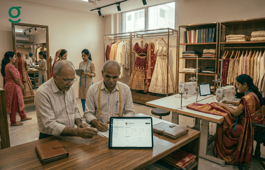 Boutique measurement book used by tailors managing customer fitting records in a clothing store.
