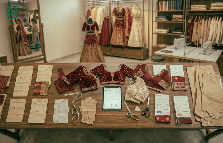Boutique measurement book with tailoring patterns, fabric samples, and custom blouse designs on display.