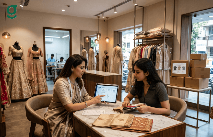 Tailor marketplace consultation with custom bridal outfit selection
