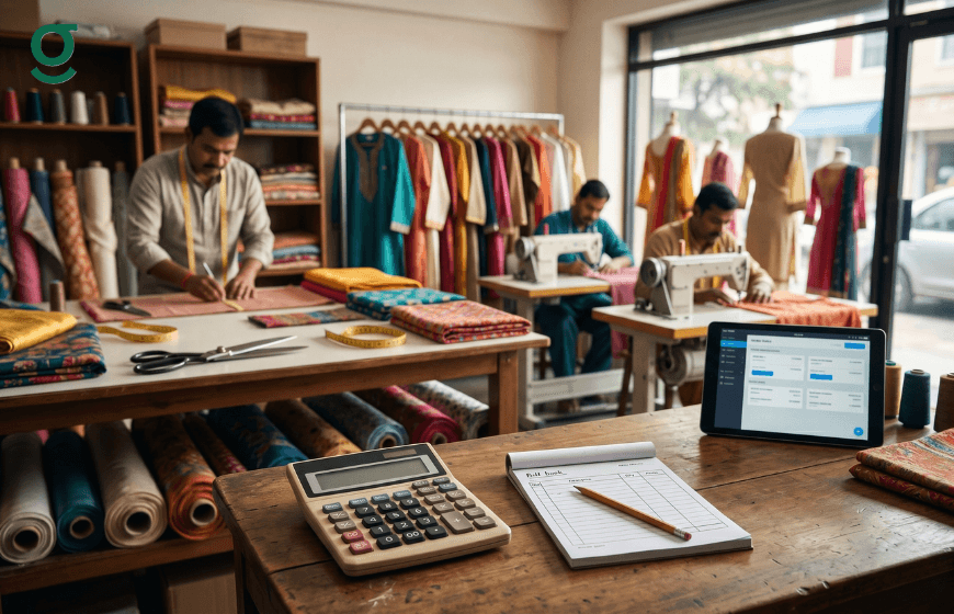 Tailoring workshop with workers using sewing machines and a tailoring application on a tablet beside fabrics and tools.