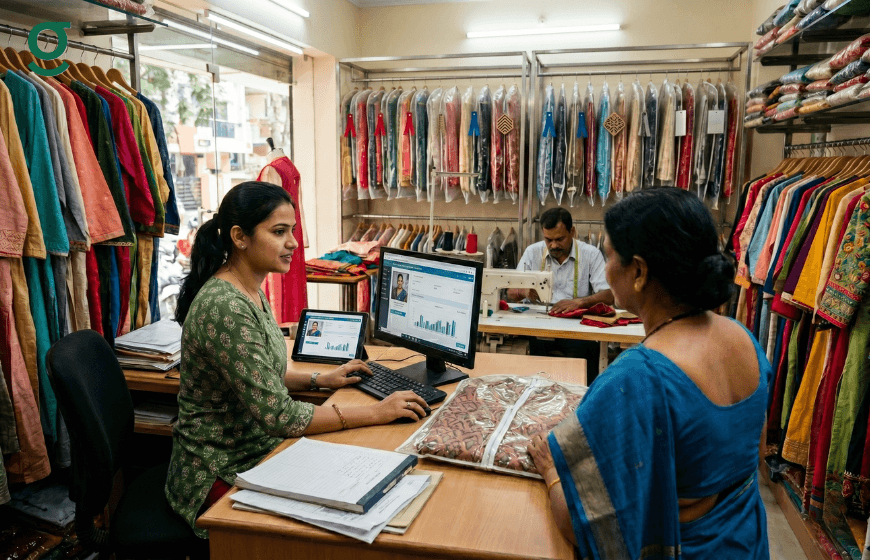 Customer consulting in a tailoring shop with garments displayed and a tailoring application on a computer screen.