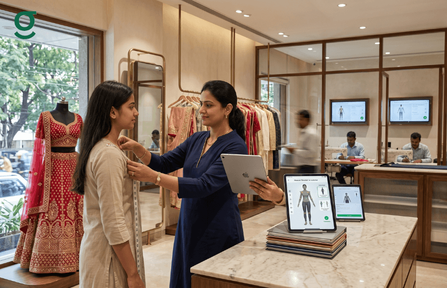 Tailor using AI tailor measurement app India for accurate customer body measurements.