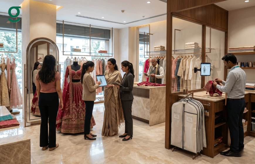 Staff using AI tailor measurement app India for customer fitting and tailoring workflow.
