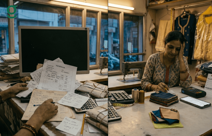 Tailor managing bills with a digital clothes bill format system.