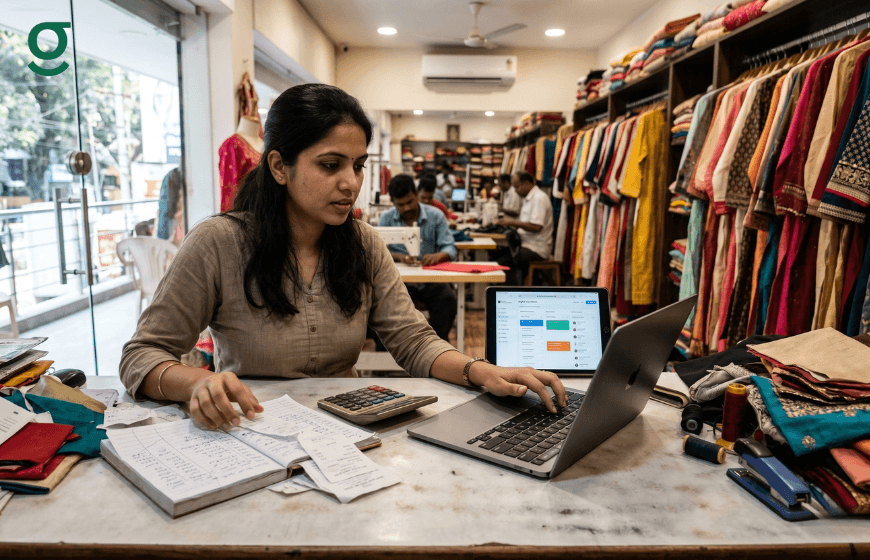 Billing software for cloth shop used by a woman managing accounts on a laptop at a busy fabric store counter.