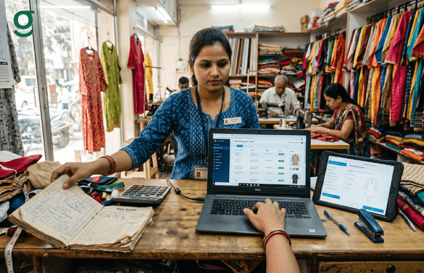 Billing software for cloth shop used by staff managing orders and accounts on laptop and tablet in a busy tailoring store.