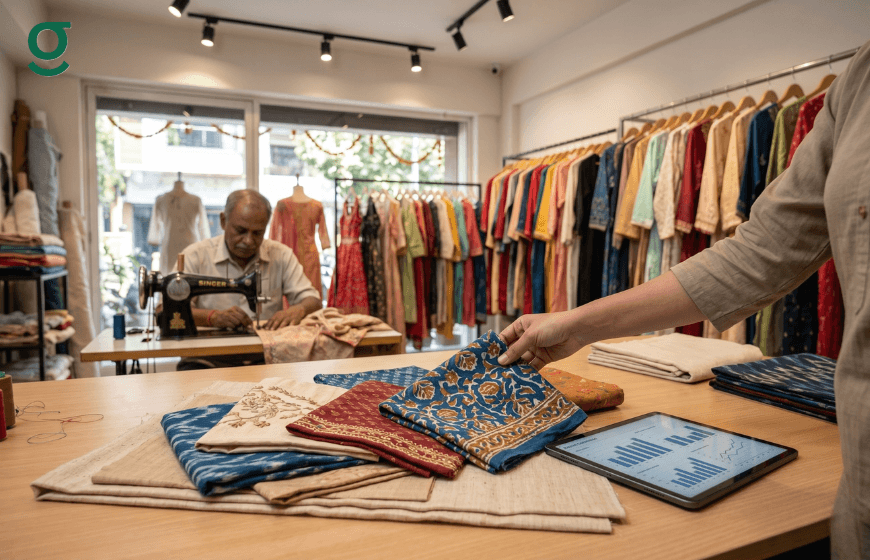 Boutique management software on tablet used alongside fabric selection and tailoring work in a clothing store.