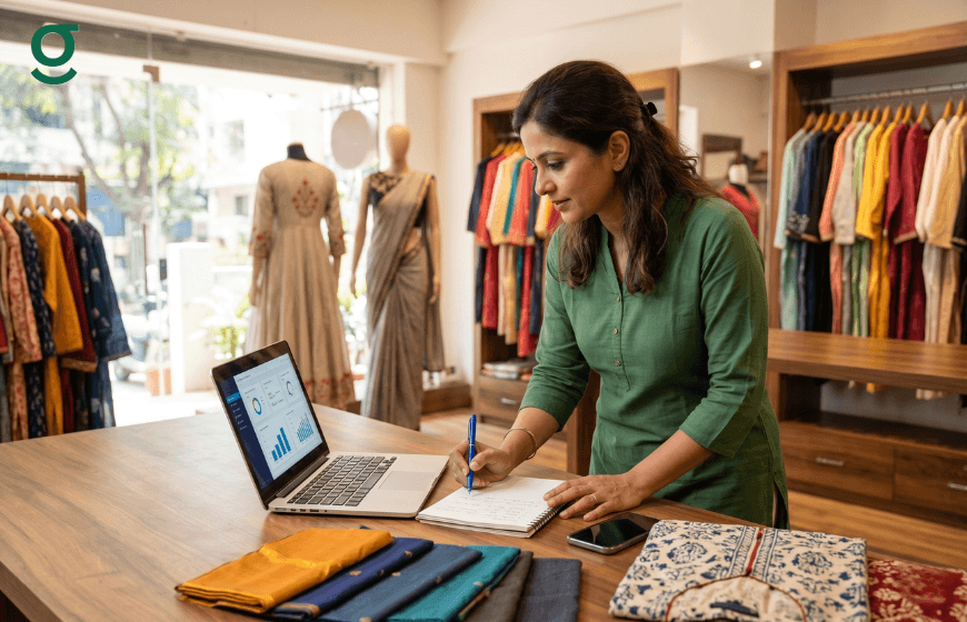 Boutique owner using boutique management software while recording orders and managing inventory in-store.Boutique owner using boutique management software while recording orders and managing inventory in-store.