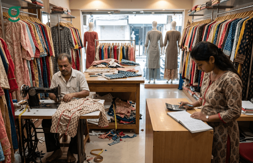 Apparel billing software used in a boutique while tailoring and order calculations are handled at the counter.