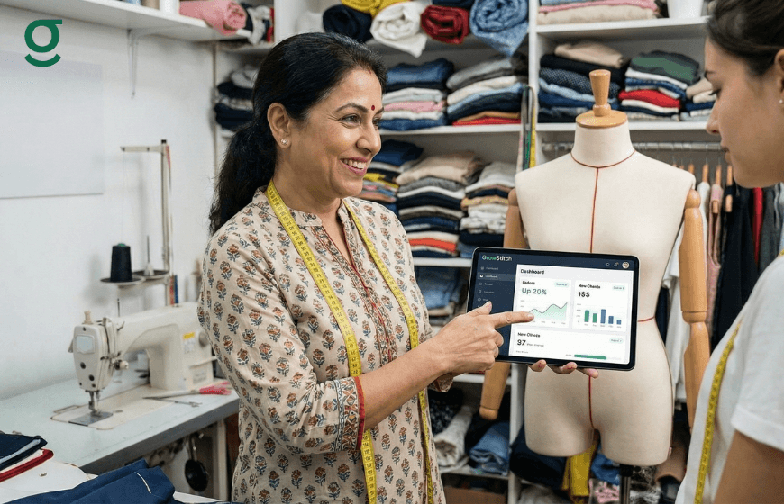 Boutique owner using a Tailoring Application on a tablet to track revenue and production data inside a tailoring shop