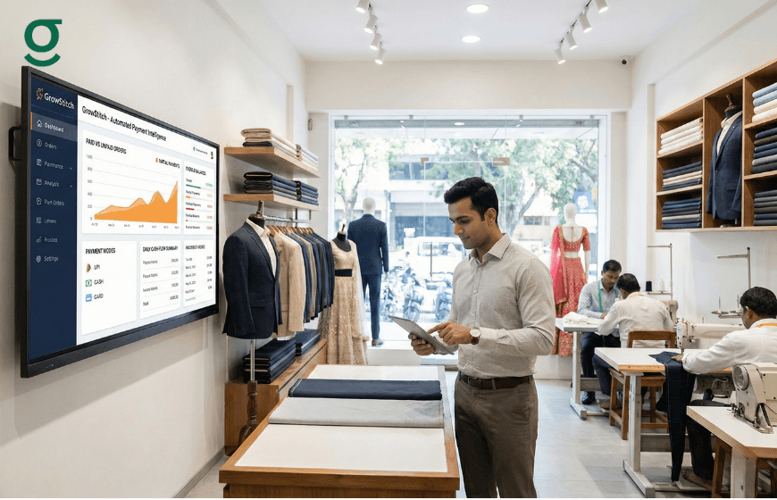 Tailoring Application displayed in a modern boutique to manage payments, orders, and production while staff work in the background.