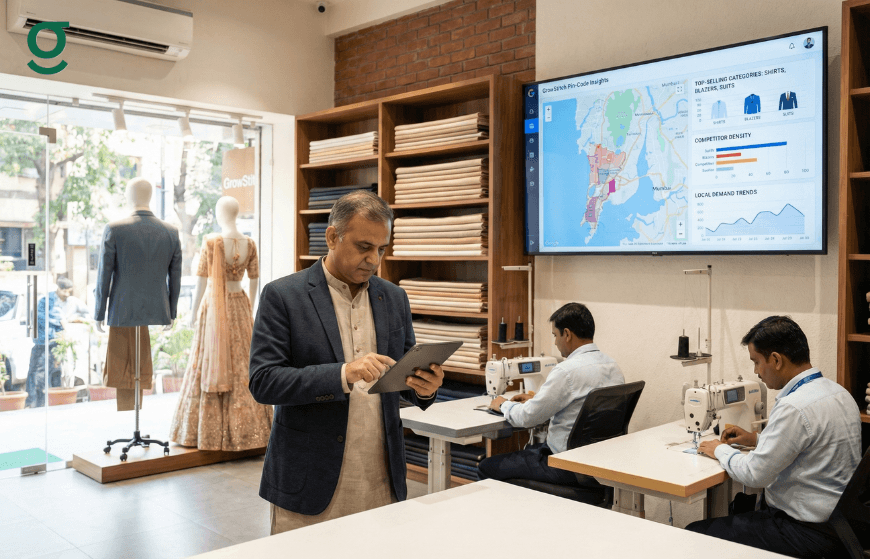 Tailoring Application showing growth insights and local demand data while a boutique owner monitors operations in a tailoring studio.